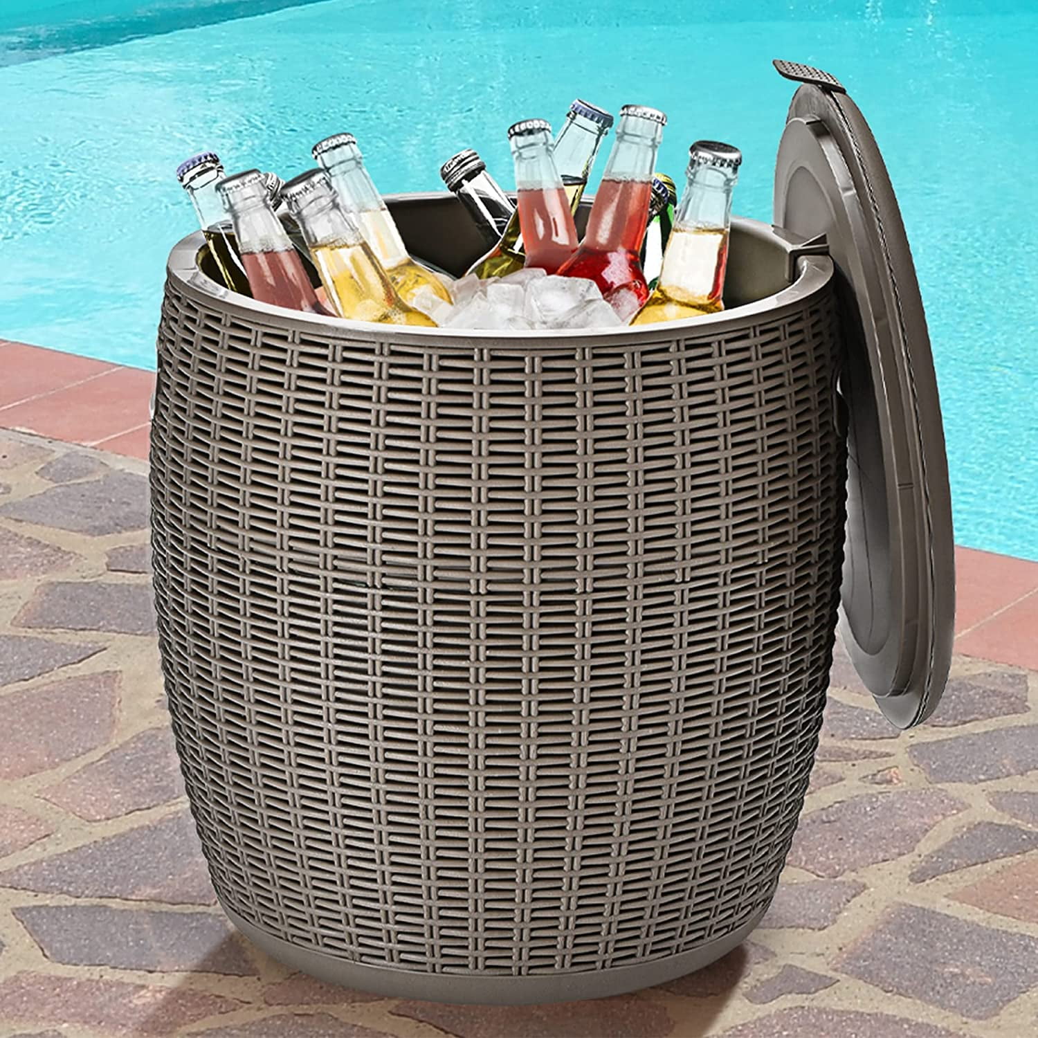 9.5 Gal Cooler Bar Table, Patio Wicker Ice Cool Bar Table, Outdoor