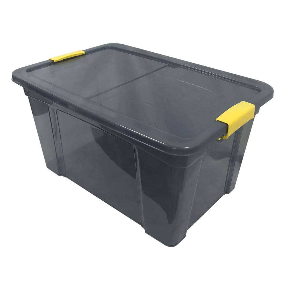 9.5 Gal. Storage Box Translucent in Grey Bin with Yellow Handles with