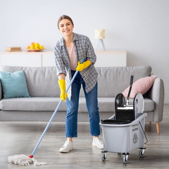 9.5 Gallon Mop Bucket with Wringer and Wheels for Home Cleaning, Gray Plastic 38 Quart Cleaning Cart with Water Separation Design