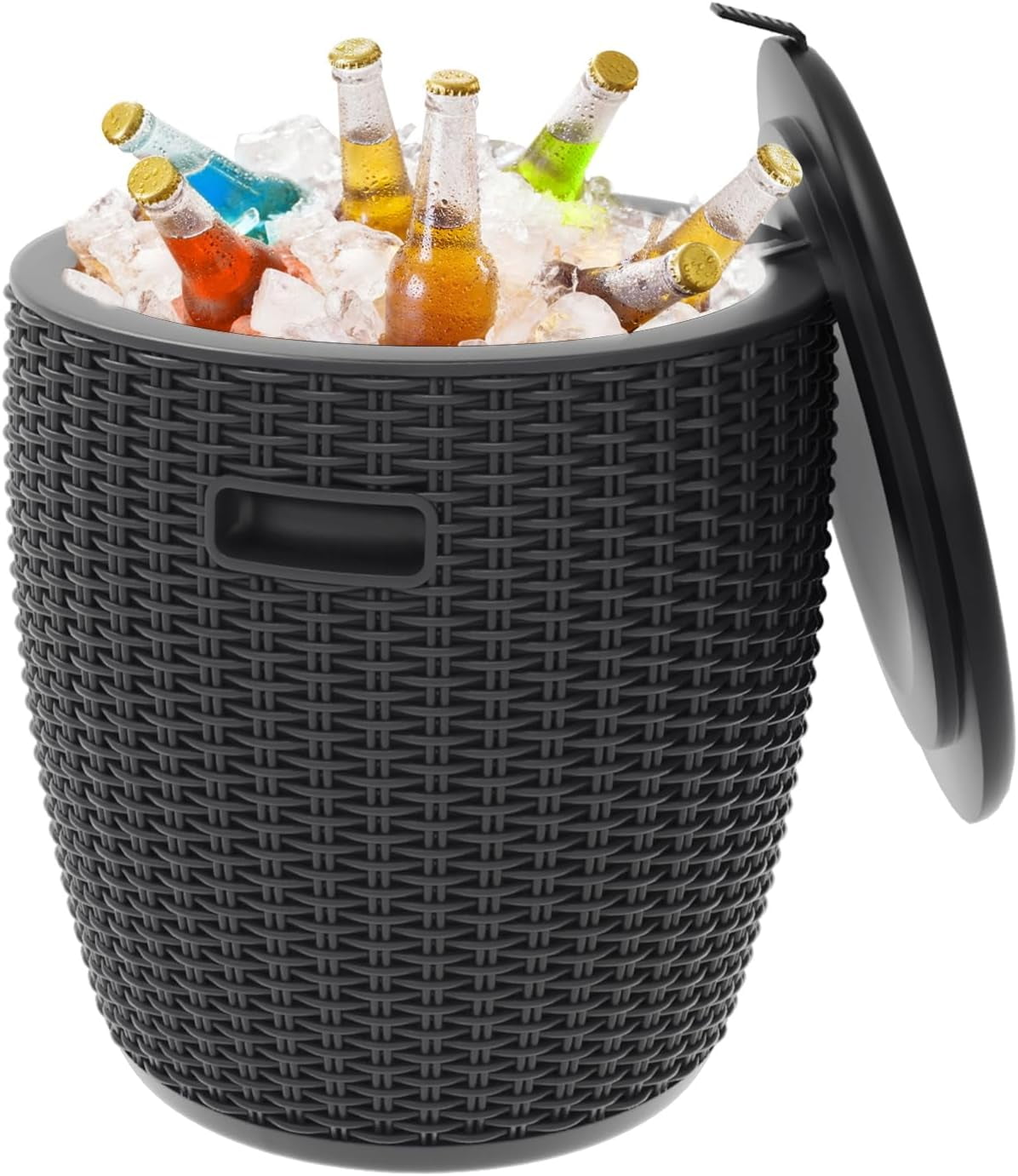 9.5 Gallon Outdoor Ice Cooler Side Table, Black Rattan Pattern Round ...