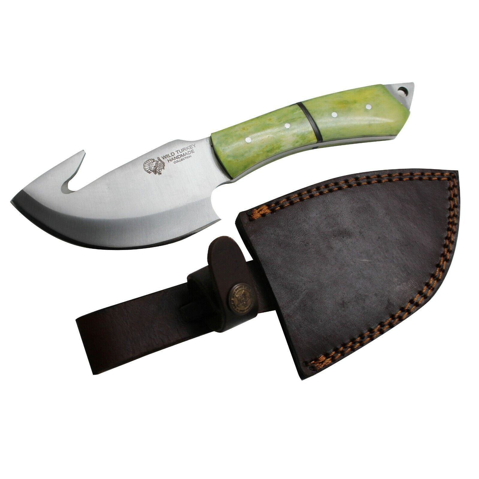 9.5" Green Gut Hook Fixed Blade Handmade Hunting Knife with Sheath