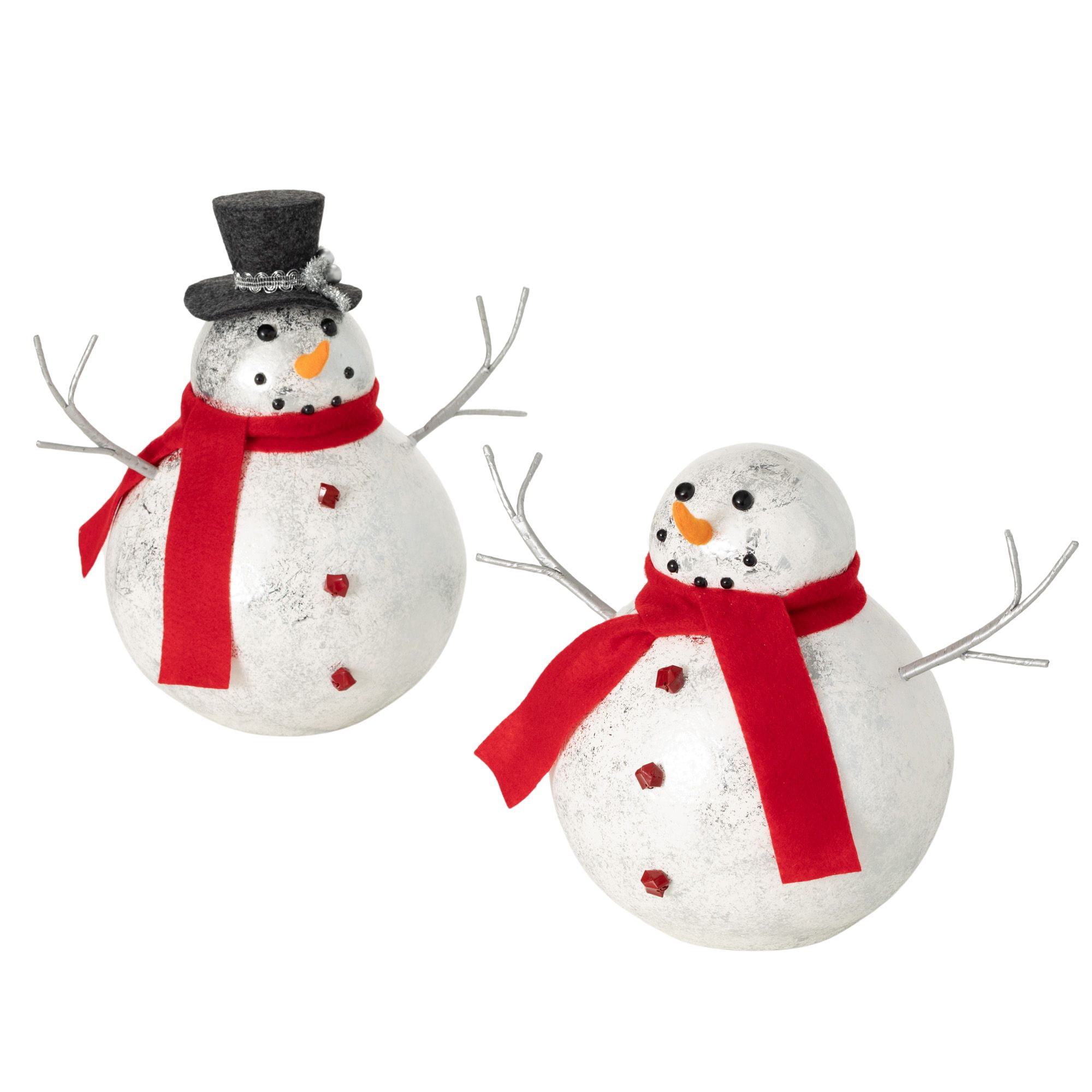 Set of 2 Shiny Snowman Figurines with Red Scarves