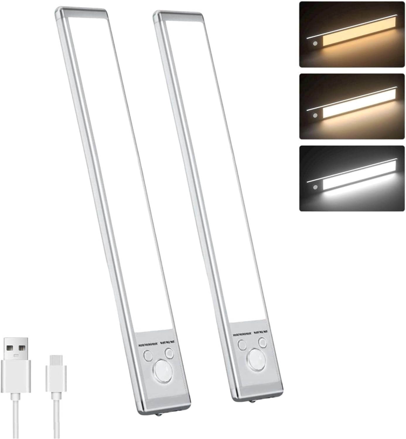 9.5 Inch 2-Pack Rechargeable Motion Sensor Light Bar, Magnetic Dimmable Under Cabinet Lighting, 3 Color LED Closet Light for Kitchen Stairs