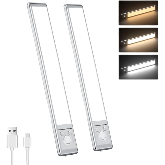 9.5 Inch 2-Pack Rechargeable Motion Sensor Light Bar, Magnetic Dimmable Under Cabinet Lighting, 3 Color LED Closet Light for Kitchen Stairs