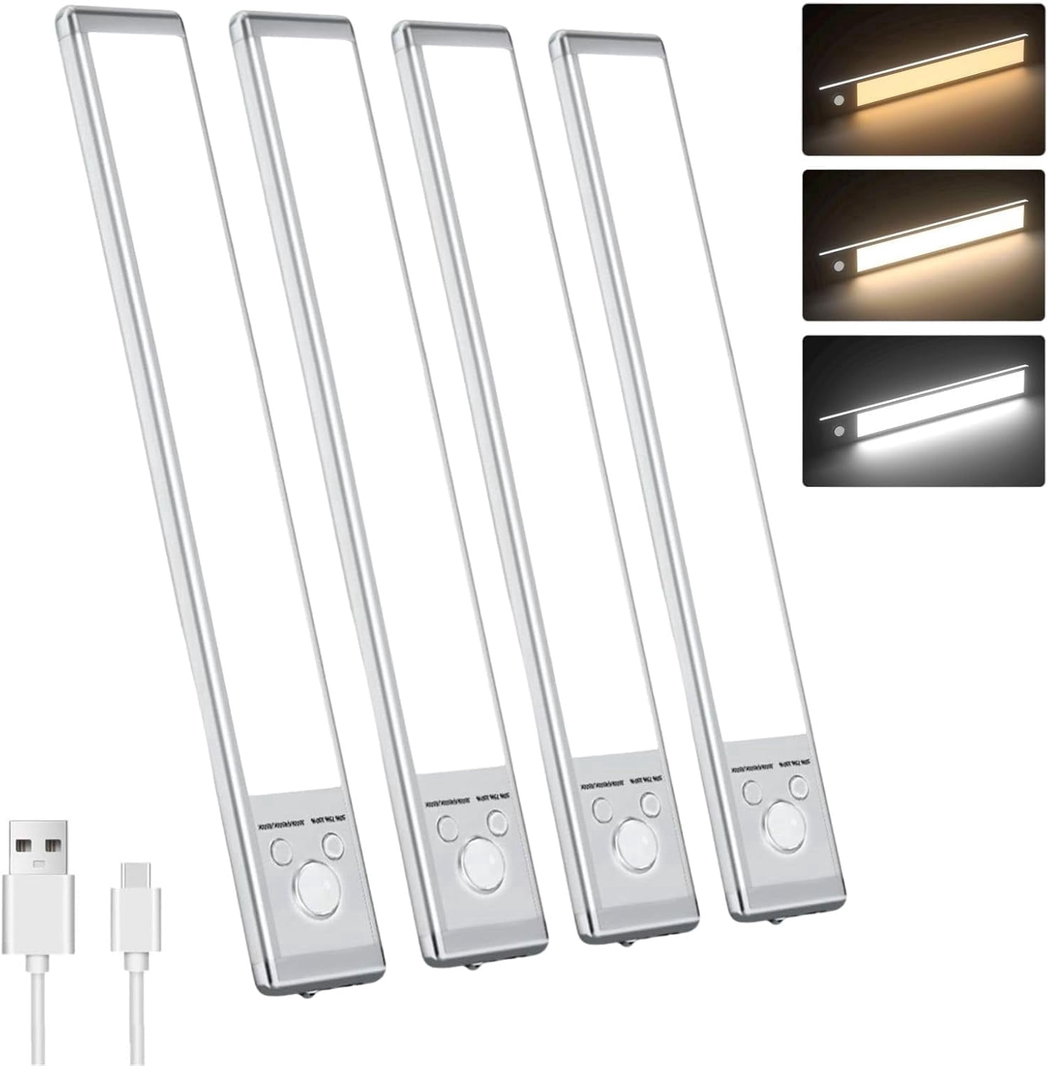 Toopower 4-Pack 9.5 Inch LED Under Cabinet Lighting, USB Rechargeable Wireless Motion Sensor Light Bar, Magnetic Dimmable 3 Color Closet Light for Kitchen Stairs Bedroom