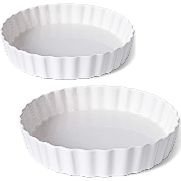 9.5 Inch Ceramic Tart Pan Set of 2 - Porcelain Quiche Baking Dish with Fluted , Round Pie Pan for Chicken Pot Pie, Cheesecake, Creme Brulee - White Oven Safe Bakeware