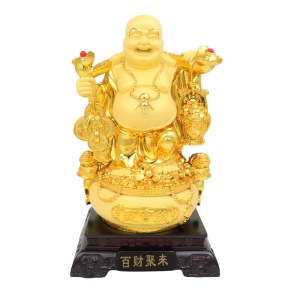 9.5 Inch Golden Money Buddha Statue with Wealthy Pot and Money Frogs