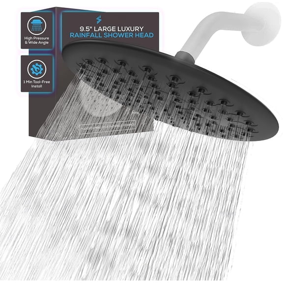 9.5 Inch Large Rain Shower - Luxury Rainfall Shower - High Showerhead, Full Coverage with Anti-Clog Nozzles - No Hassle, Easy Install (1/2 NPT, Black Matte)