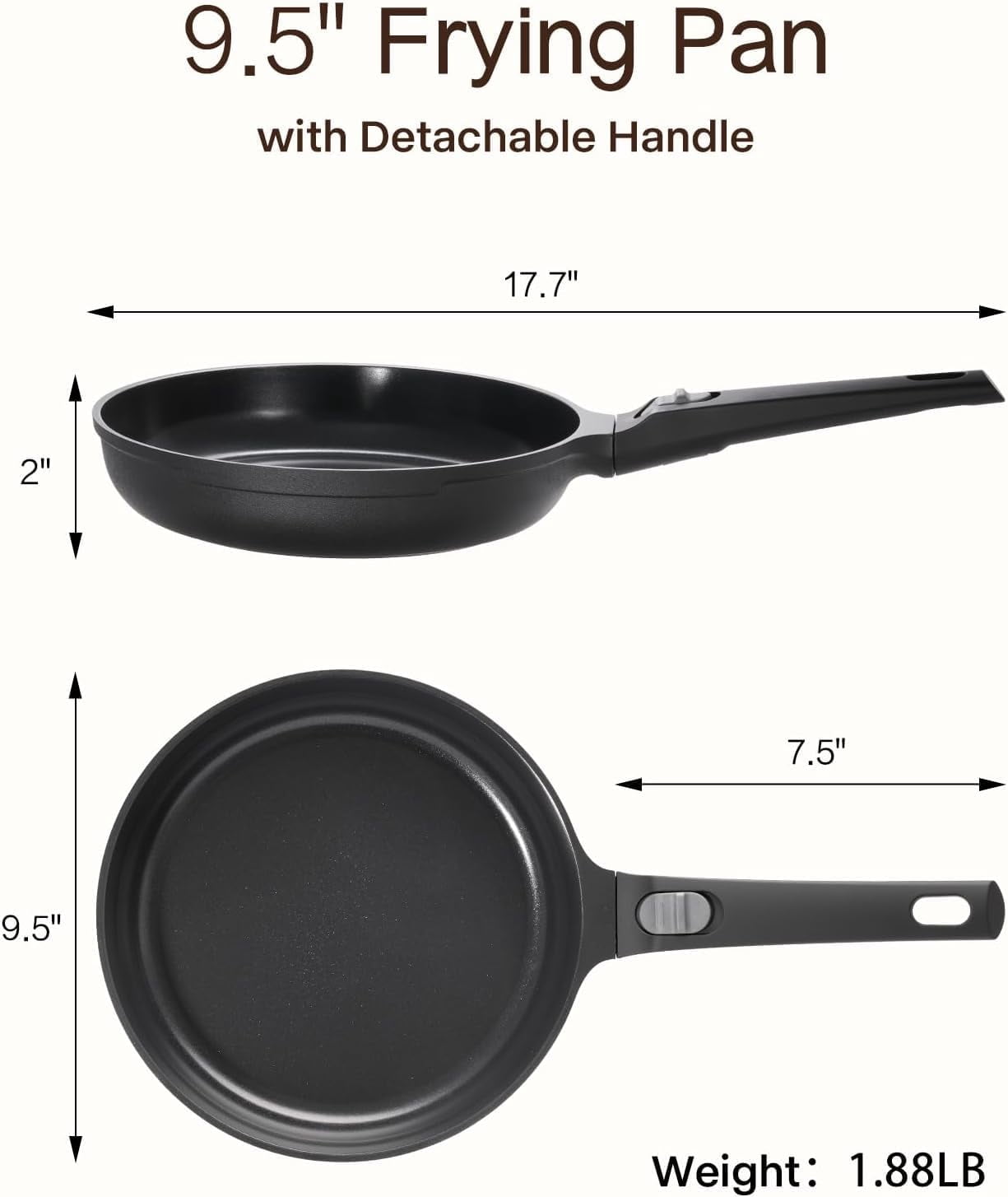 9.5 Inch Nonstick Frying Pan with Detachable Handle, Non Toxic Ceramic Skillet for Cooking
