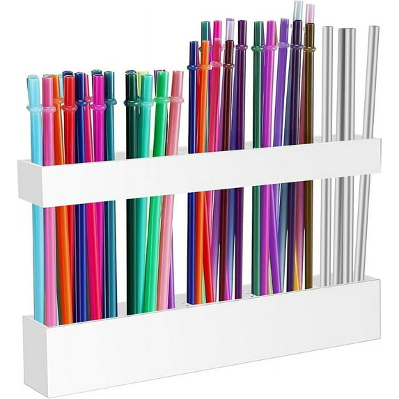 9.5” Large Acrylic Straw Holder for Cabinet Door - Reusable Tumbler Straw Organizer Storage, Small Kitchen Accessories Container, Ultra Sticky Cupboard Door Mounted (White)