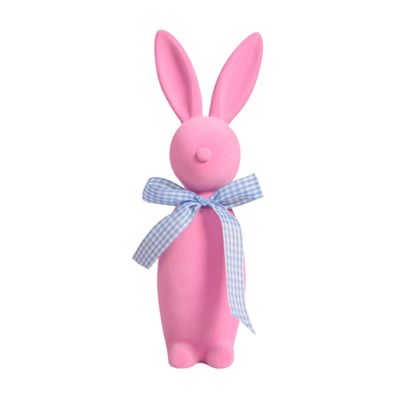 9.5" Large Flocked Resin Easter Bunny Statues - Plaid Bow Rabbit Figurines - Spring Tabletop Decor - Green Moss Garden Art - Vibrant Easter Holiday Party Durable Seasonal Centerpieces