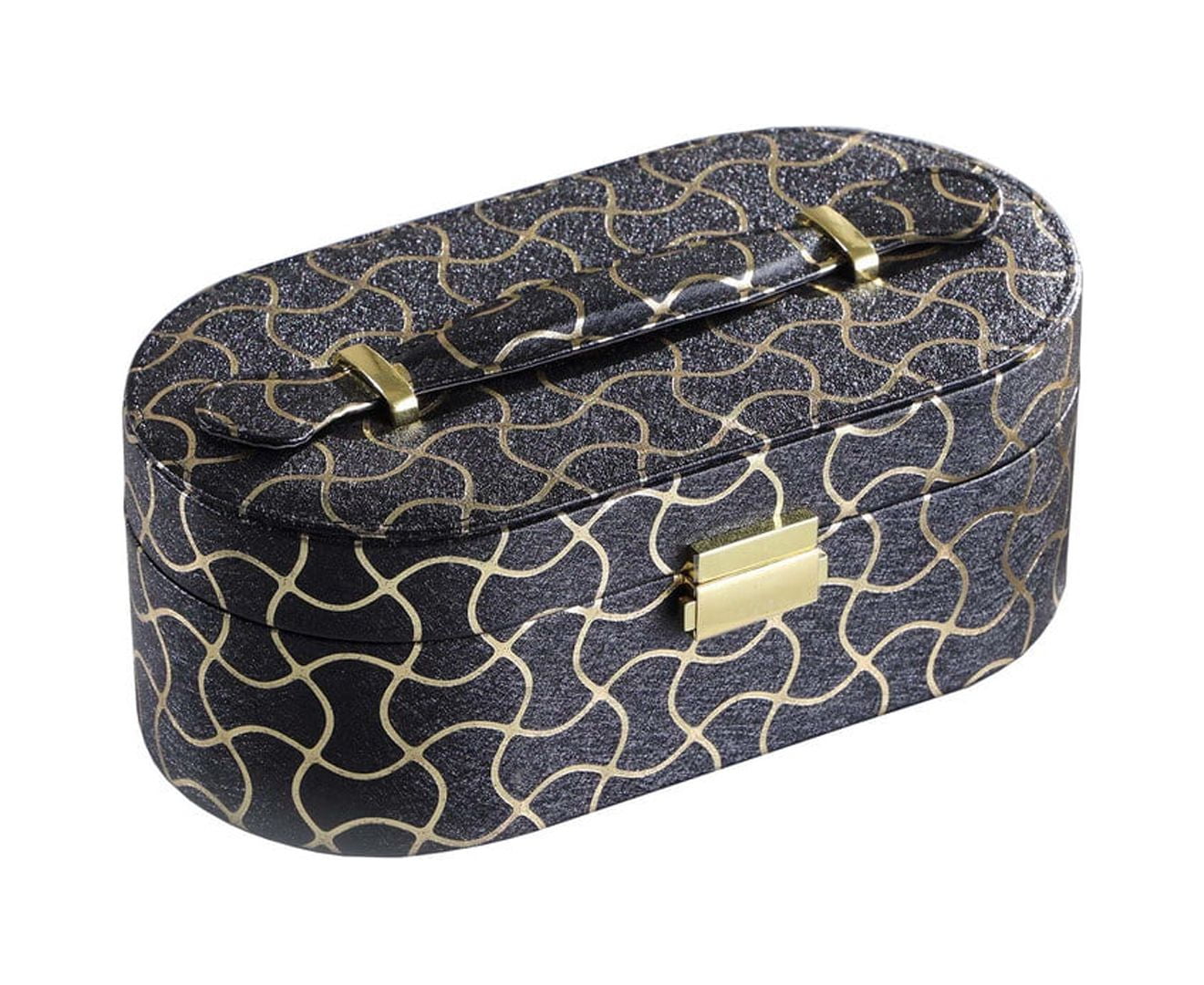 9.5" Long Leather Jewelry Organizer Case with Mirror, Gold Swirl Pattern, Black, for Earrings, Rings, Necklaces and Bracelets, Travel Jewelry Box for Women