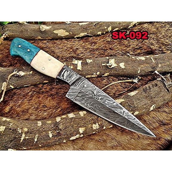 9.5" Long hand forged Damascus steel full tang blade skinning Knife, Natural & Blue bone with Damascus bolster scale, Cow Leather sheath