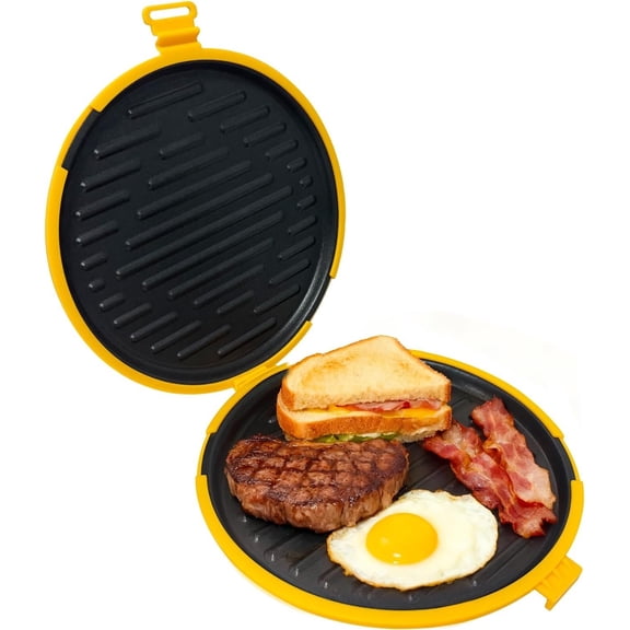 9.5" Microwave Grill Pan & Crisper Tray - 5-in-1 Nonstick Sandwich Maker, Pizza Pan & Bacon Cooker with lid,Dishwasher Safe Griddle for Grilled Cheese - College Dorm Room & Office Essentials