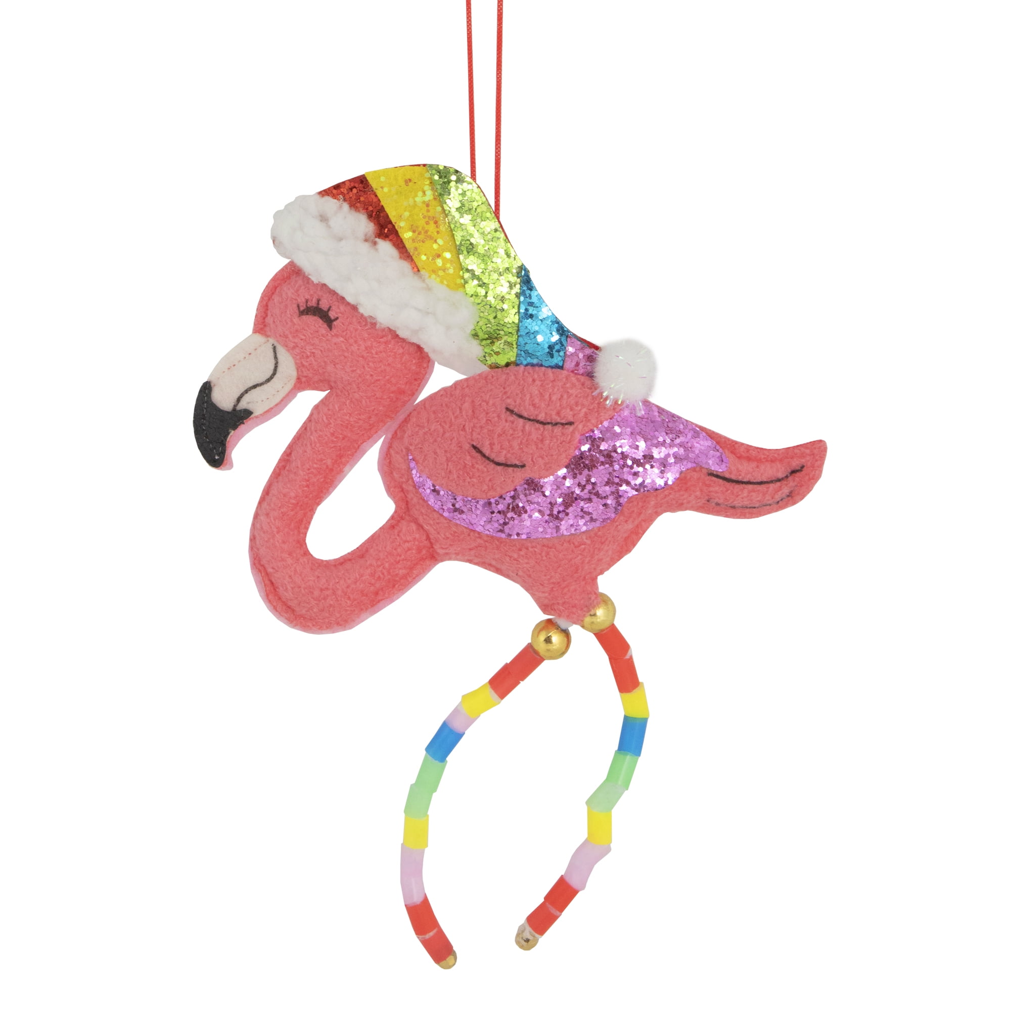 9.5" Plush Stuffed Flamingo with Rainbow Hat and Legs Christmas Ornament