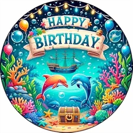 Under The Sea Dolpin Treasure Happy Birthday Edible Icing Image Cake Topper, by Tnct.