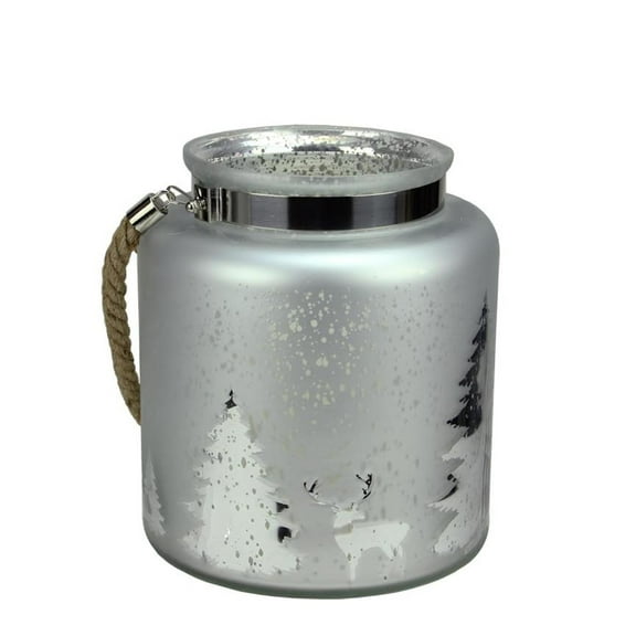 9.5" Reindeer & Tree Silhouette Mercury Glass Decorative Christmas Pillar Candle Holder with Handle