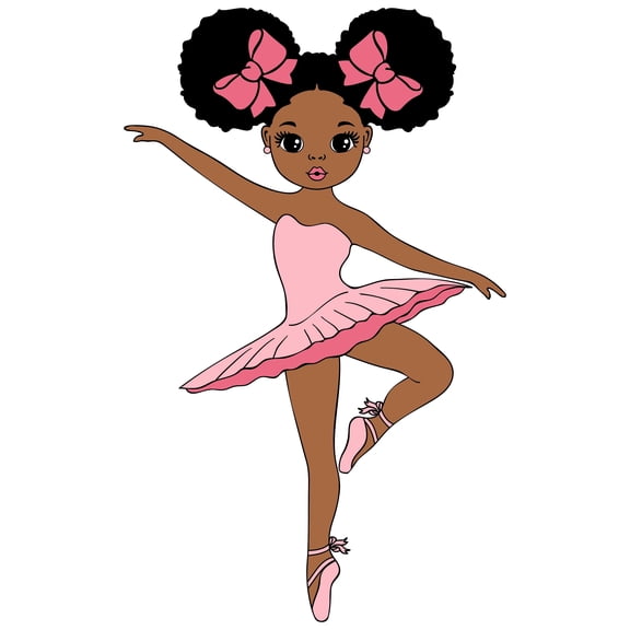 African American Cartoon Girl Ballerina in Pink Tutu & Pink Hair Bow Theme Edible Icing Image Cake Topper, by Tnct.
