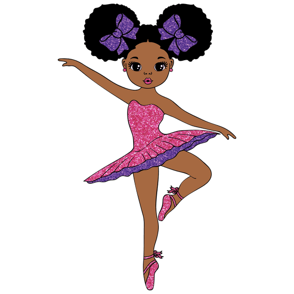 African American Cartoon Girl Ballerina in Pink Tutu & Sparkly Purple Hair Bow Edible Icing Image Cake Topper, by Tnct.