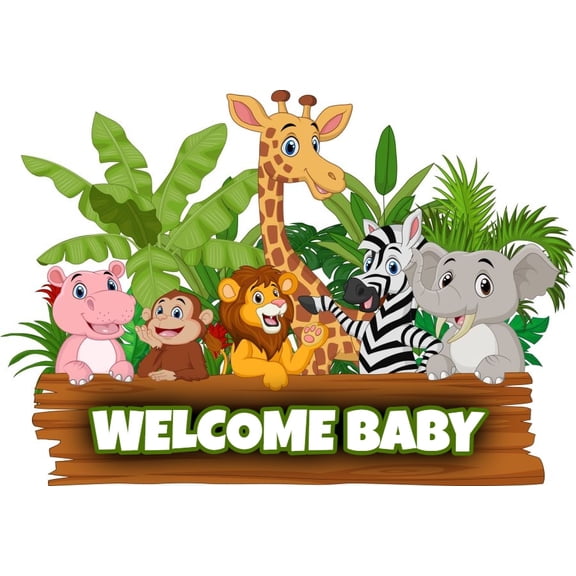 9.5" Round Pre-Cut Baby Jungle Safari Animals Welcome Baby Baby Shower/Gender Reveal Party Photo Edible Image Cake Topper