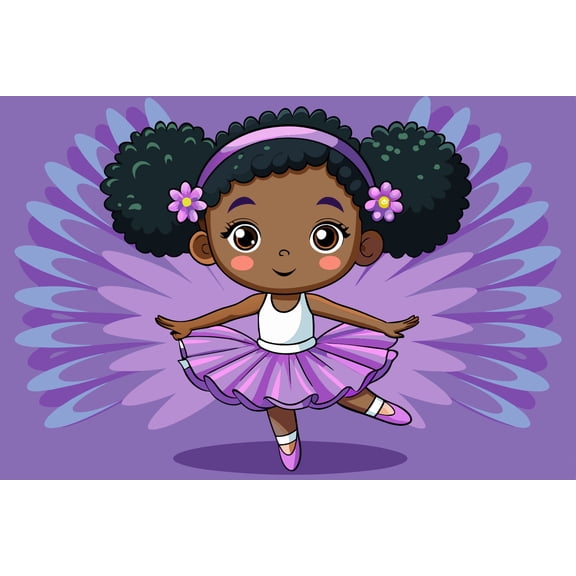 Cartoon African American Girl Ballerina with Purple Tutu & Purple Background Edible Icing Image Cake Topper, by Tnct.