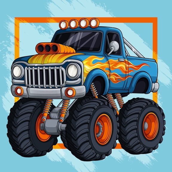 Cartoon Blue Monster Truck with Flames & Lifted Tires Birthday Edible Icing Image Cake Topper, by Tnct.