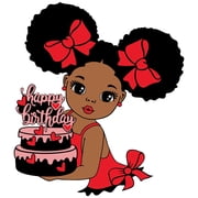 Happy Birthday African American Cartoon Girl Holding her Birthday Cake with Red Bows Edible Icing Image Cake Topper, by Tnct.
