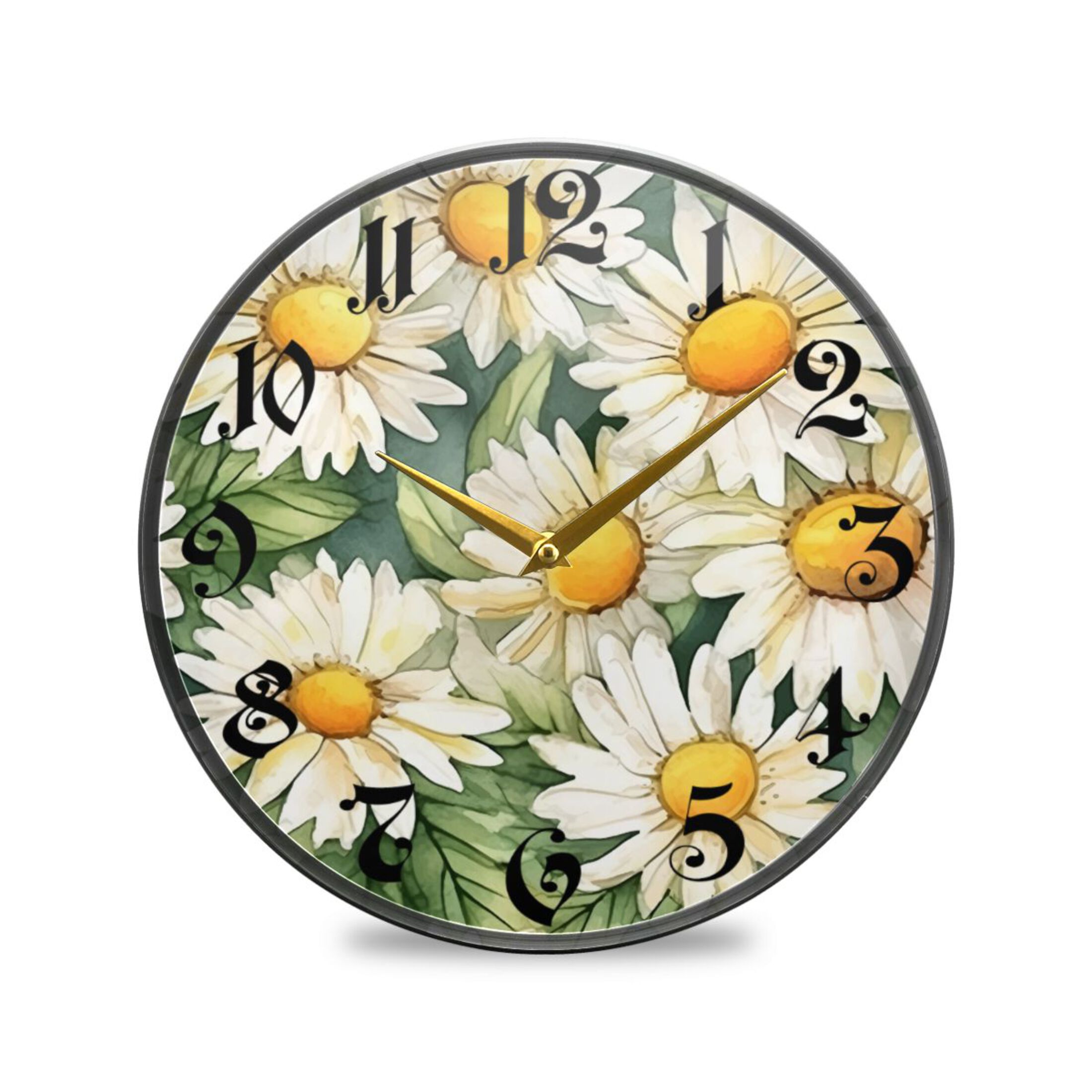9.5" Round Silent Wall Clocks Daisy Flower Watercolor Acrylic Battery