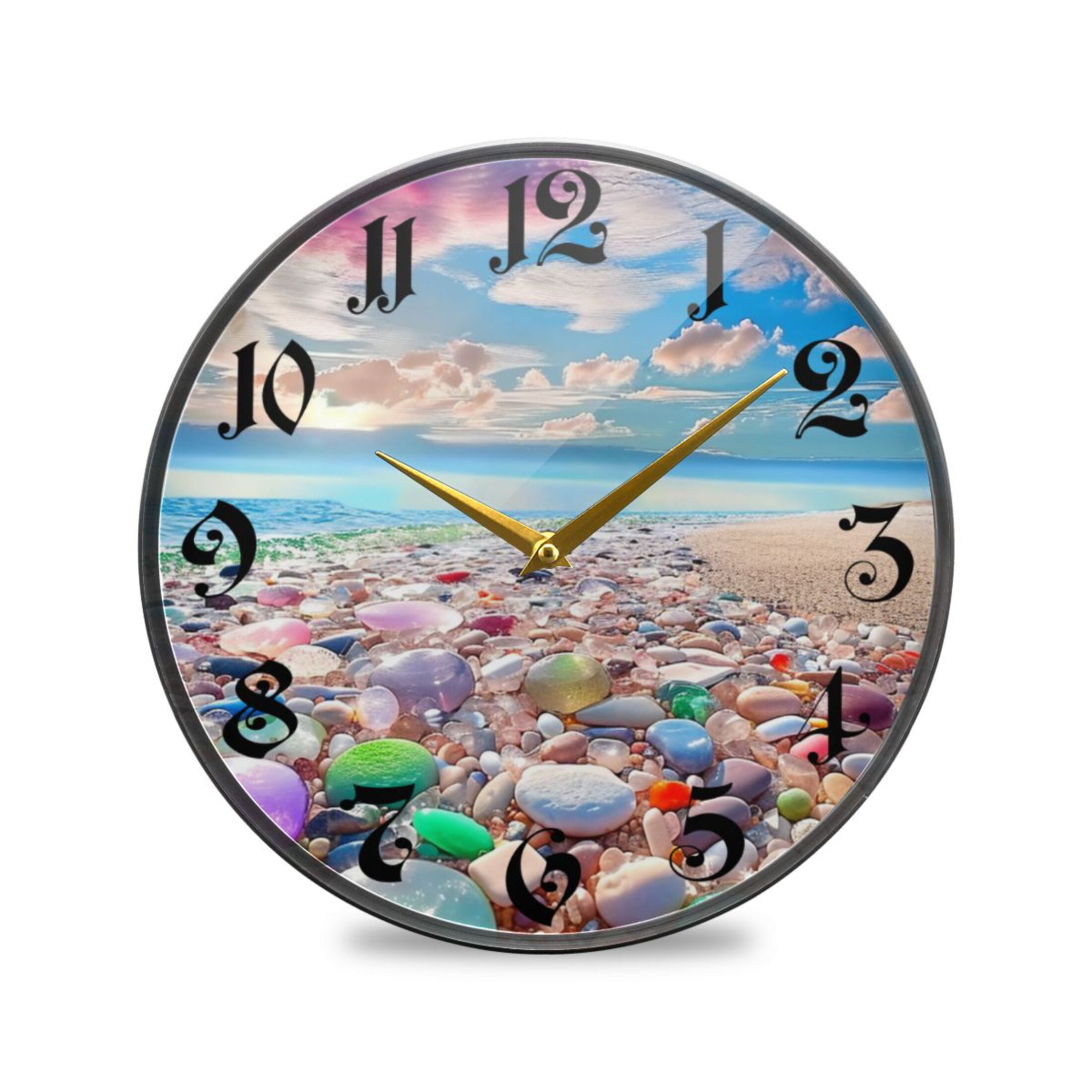 9.5" Round Silent Wall Clocks Sea Stone Beach Landscape Acrylic Battery ...