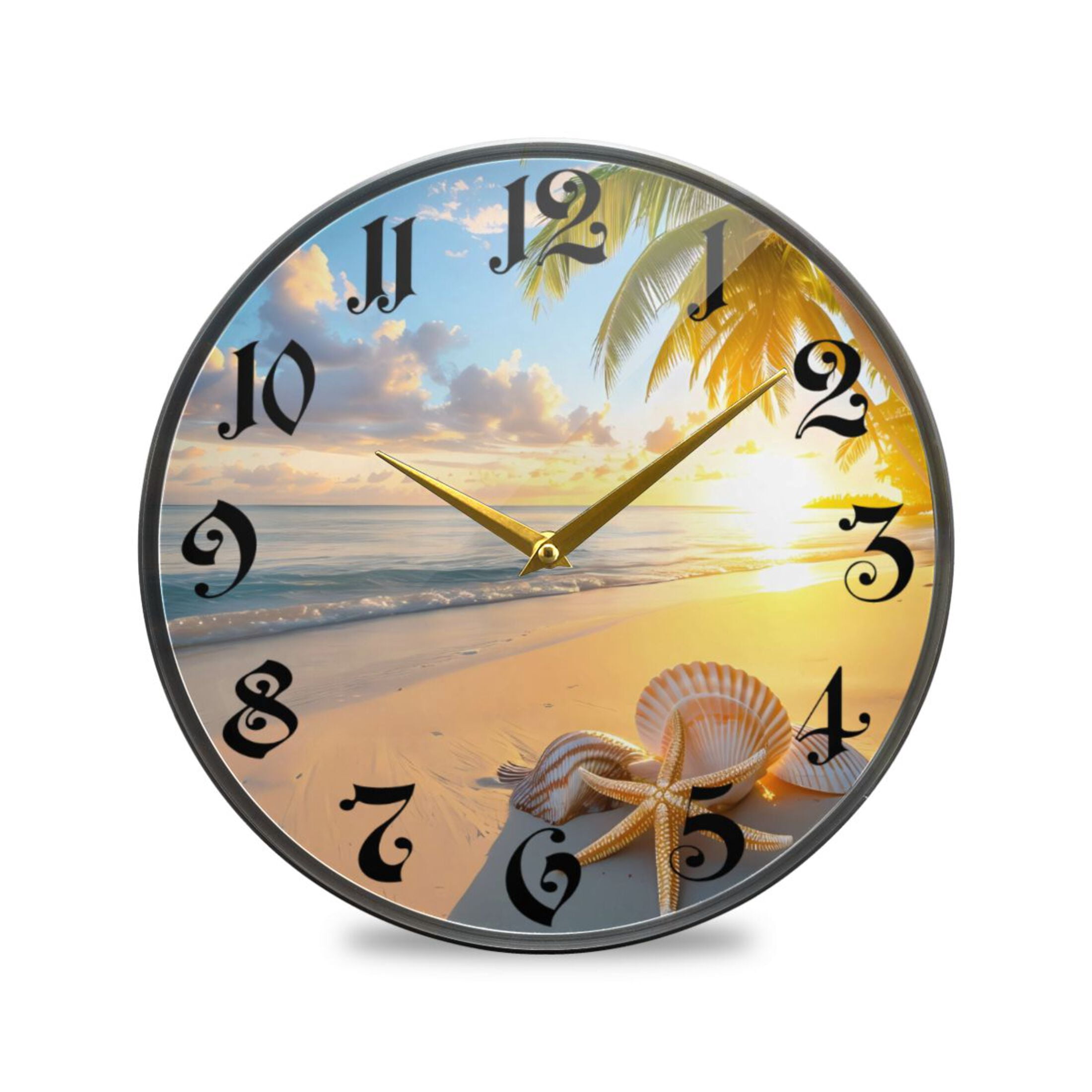 9.5" Round Silent Wall Clocks Seastar Seashells on Beach Sunset Acrylic ...