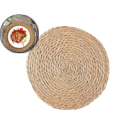 9.5" Round Woven Rattan Placemats, Woven Water Hyacinth Placemat, Farmhouse Weave Place Mat, Rustic Braided Wicker Table Mat