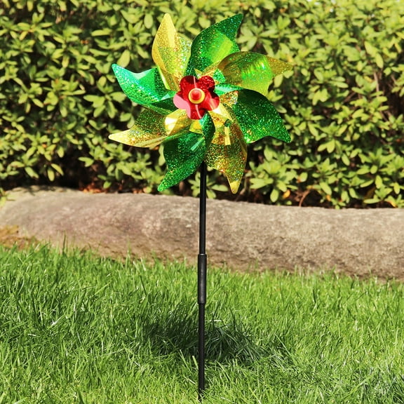 9.5" Sparkly Reflective Pinwheels with Stakes, Colorful Wind Spinners Outdoor Bird Scare Devices, Foil Pin Wheel Holographic Whirl Windmill for Yard Garden Decor Garden Wind Spinner Fluorescent Green