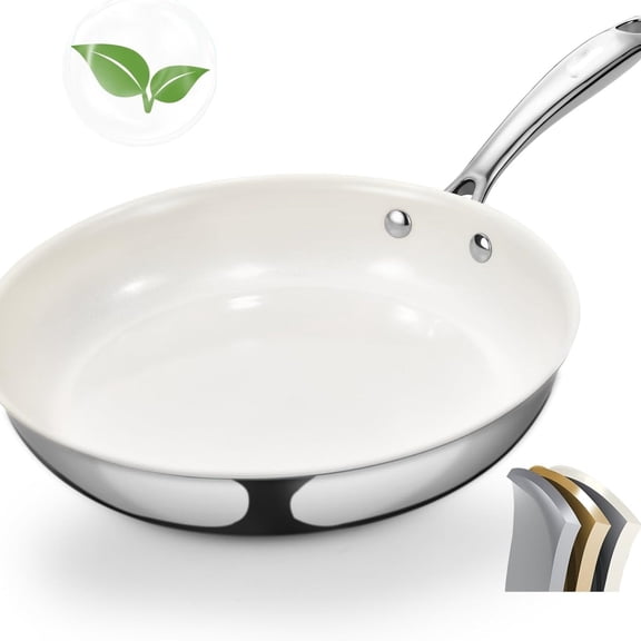 9.5" Tri-Ply Stainless Steel Frying Pan, Nonstick Ceramic Pan, Skillet with Stay-Cool Handle, Non Toxic,Dishwasher & Oven Safe