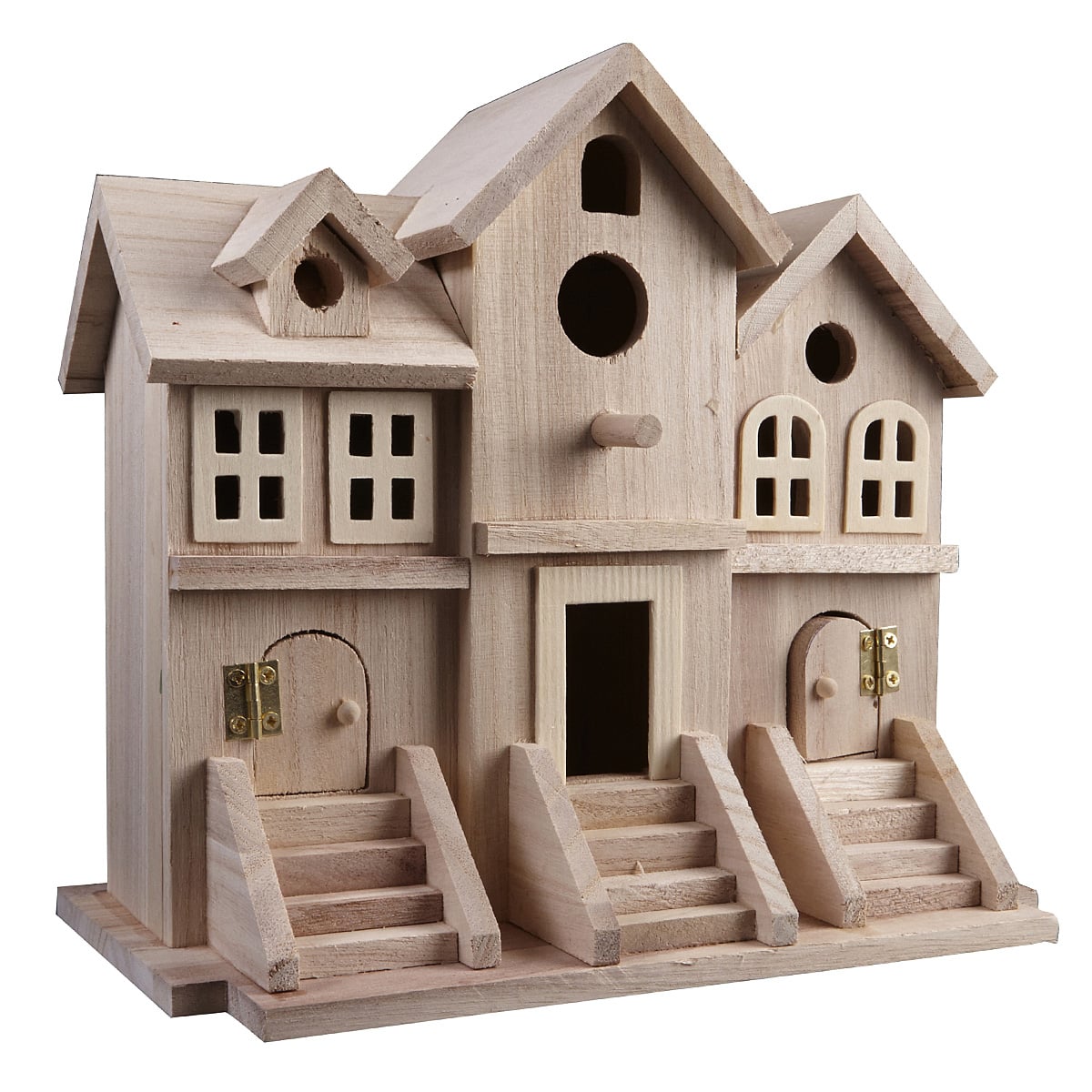 9.5" Wooden Brownstone Birdhouse with Fence by Make Market Unfinished