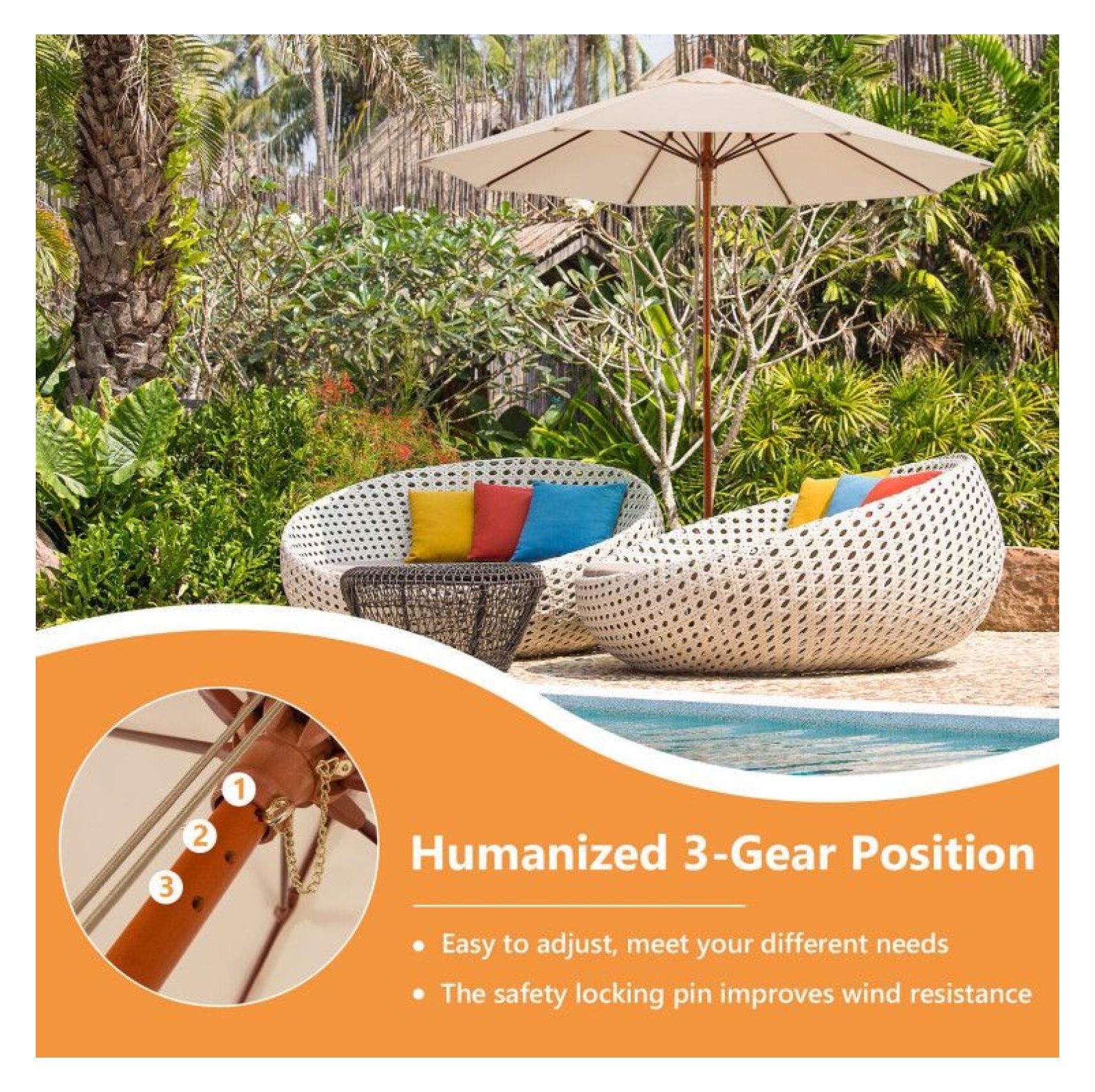 9.5 ft Patio Umbrella, Fiberglass Ribs, Pulley Lift, Outdoor Market ...