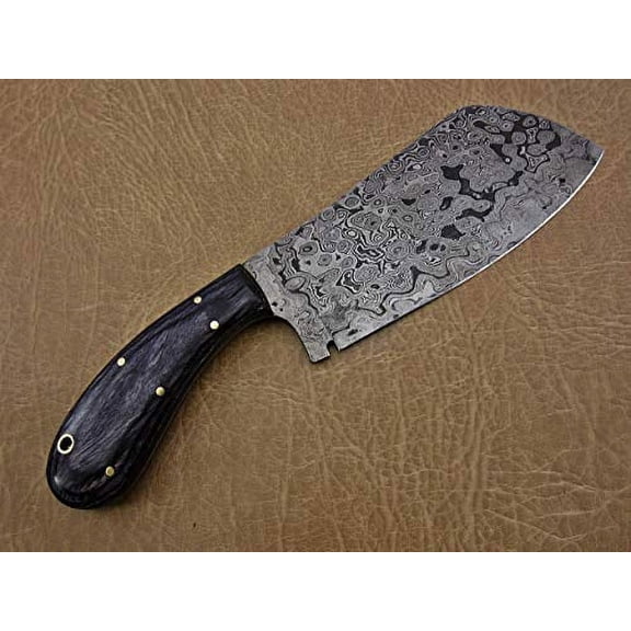 9.5" hand forged rain drop pattern Damascus steel Butcher knife, Meat cleaver, 2 tone black wood scale, Rain drop pattern Damascus Steel 5 mm blade (Black)
