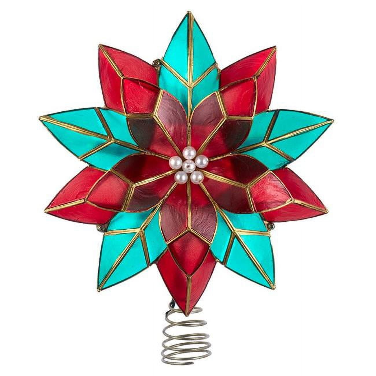 9.5-Inch Red and Green Capiz Shell Poinsettia Tree Topper with Warm White Lights