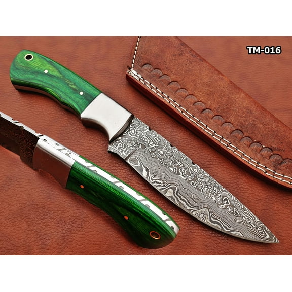 9.5" skinning knife, 5" full tang Rain drop pattern straight back Damascus steel blade, Green colored wood scale with Steel bolster, includes Cow hide Leather sheath (Green Wood)