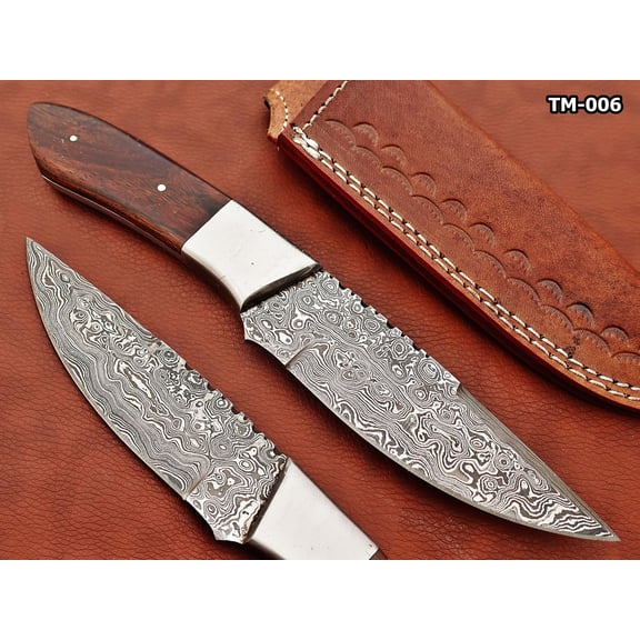 9.5" straight back blade skinning knife, 5" full tang Rain drop pattern Damascus steel blade, Available in 4 colors, includes Cow hide Leather sheath (Natural Camel Bone)