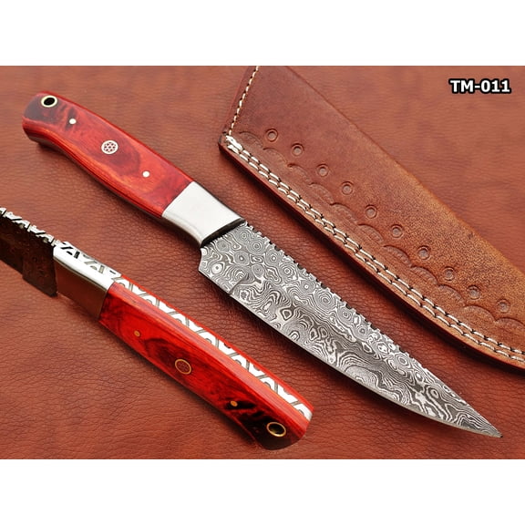 9.5" straight back blade skinning knife, 5" full tang Rain drop pattern Damascus steel blade, Red colored wood scale with steel bolster, includes Cow hide Leather sheath (Red Color Wood)