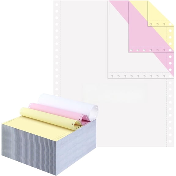 9.5 x 11 Continuous Feed Computer Paper Fanfold for Dot Matrix Printers Continuous Computer Paper Left and Right Perforated 800 Sheets 3 Part White/Pink/Yellow for Receipts, Invoices