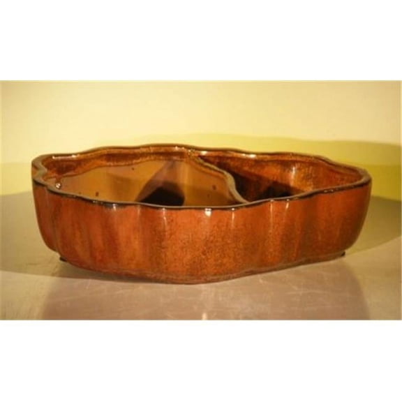 9.5 x 7.5 x 2.25 in. Ceramic Bonsai Pot with Scalloped Edges, Aztec Orange - Oval