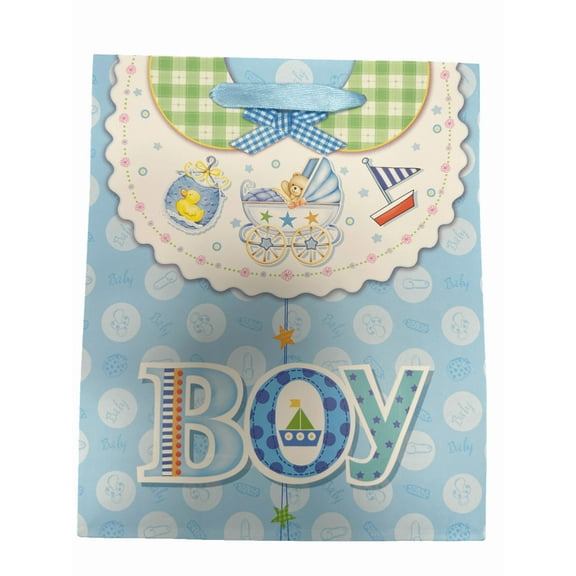9.5 in x 7.5 in x 3.2 in Baby Shower Paper Gift Bags, Assorted Cute Designs with 3D Craft Details, Ribbon Handles, Perfect for Baby Gifts, Gender Reveal, Newborn Celebrations, Easy Gift Giving, Blue