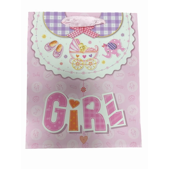 9.5 in x 7.5 in x 3.2 in Baby Shower Paper Gift Bags, Assorted Cute Designs with 3D Craft Details, Ribbon Handles, Perfect for Baby Gifts, Gender Reveal, Newborn Celebrations, Easy Gift Giving, Pink