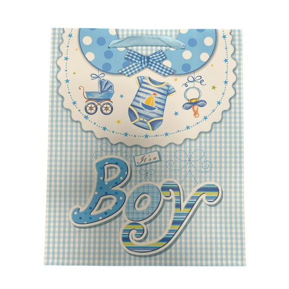 9.5 in x 7.5 in x 3.2 in Baby Shower Paper Gift Bags, Cute Designs with 3D Craft Details, Ribbon Handles, Perfect for Baby Gifts, Gender Reveal, Newborn Celebrations, Easy Gift Giving, Blue, Squared