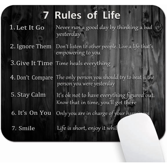 9.5"x 7.9" Mouse Pad (Motivational 7 Rules of Life), Non-Slip Mat for Desk, Smooth Surface for Gaming & Office Work, ‌Inspirational Quote Rustic Black Wood Grain