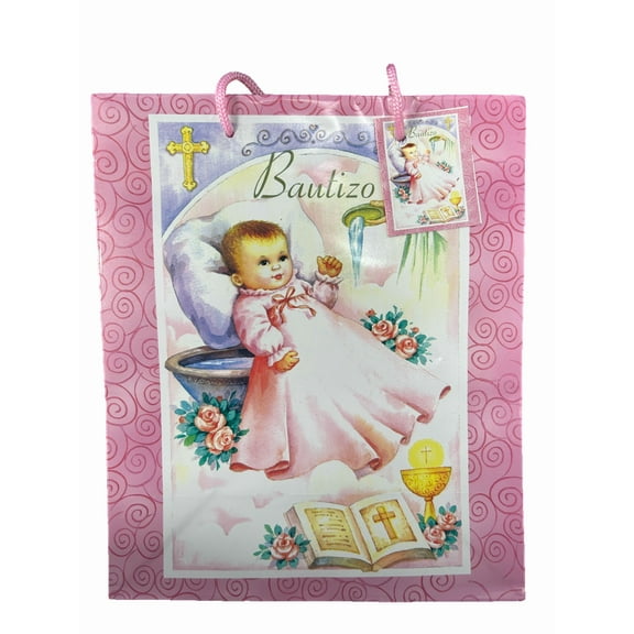 9.5 in x 8 in x 4 in Baptism Paper Gift Bags, Elegant Designs for Religious Keepsakes, Thoughtful Presents, Ideal for Christening, Baby Dedication, First Communion, Memorable Gifting, Pink, Baby