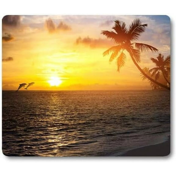 9.5"x7.9" Palm Trees in Tropical Island Beach Scene Mouse PadJumping Fishes and Majestic Sunset Landscape Mouse Pads for Office Work