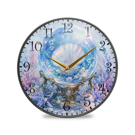 9.5IN Acrylic Wall Clock Wall Mount & Tabletop Display Round Clock for Decor Crystal Ball and Scallop Shells