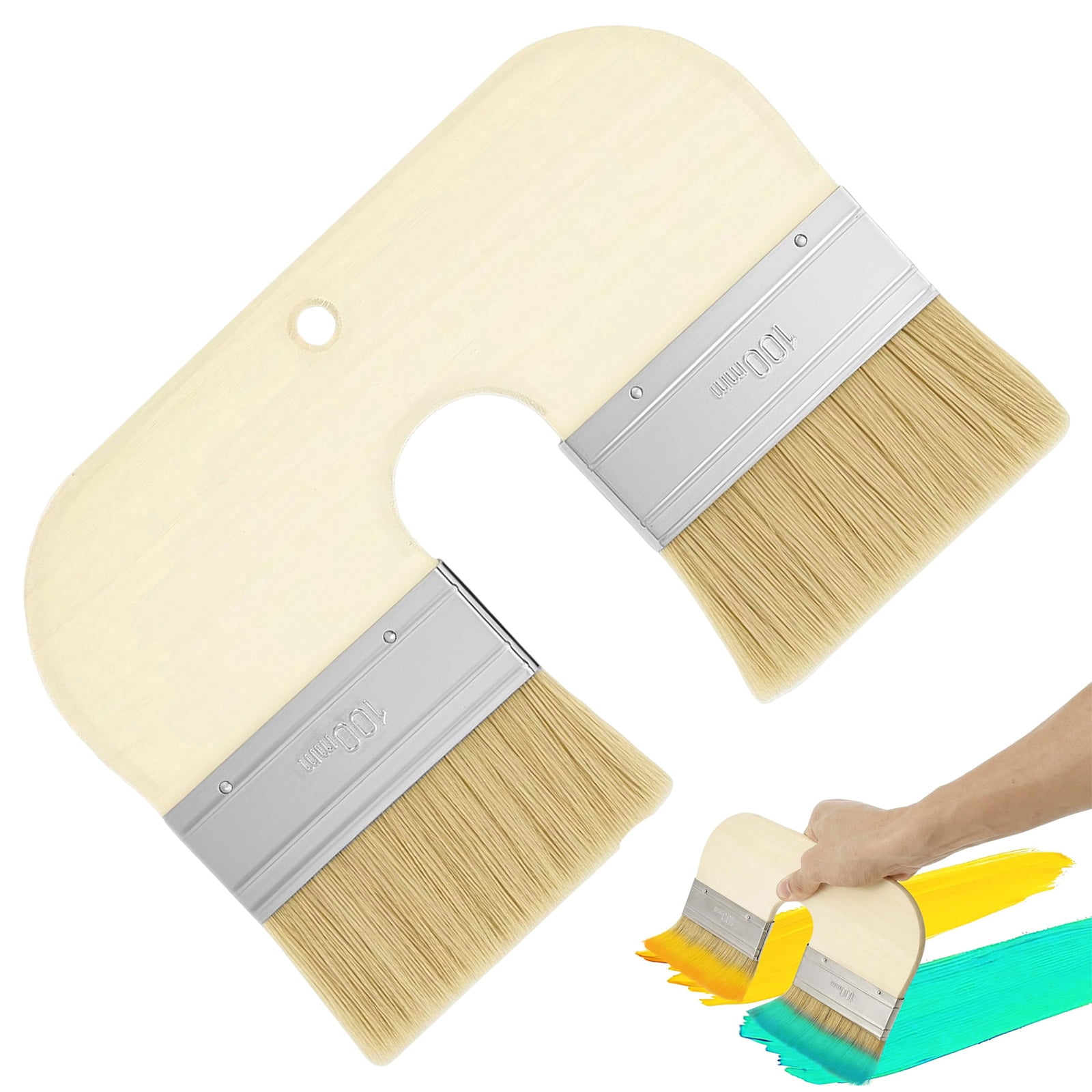 9.5Inch U-Shape Double Head Paint Brush, Wide Reusable Dual-Color Paint Brush Art Tool with Wooden Handle for Artists (Log Color)